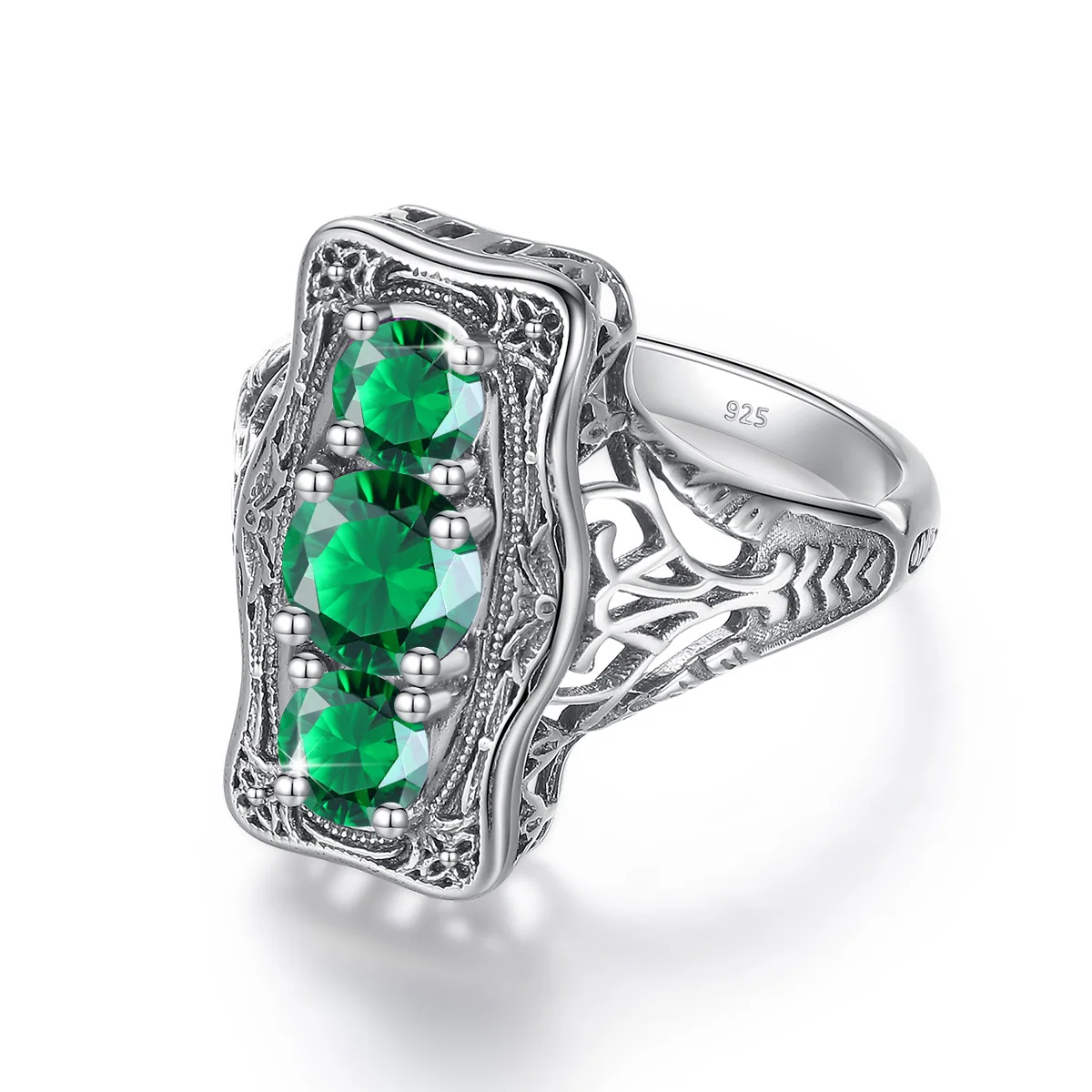 

New Luxury Zircon 925 Antique Silver Rings for Man High End Party Women's Ring Bright Green Round Crystal Noble Retro Style