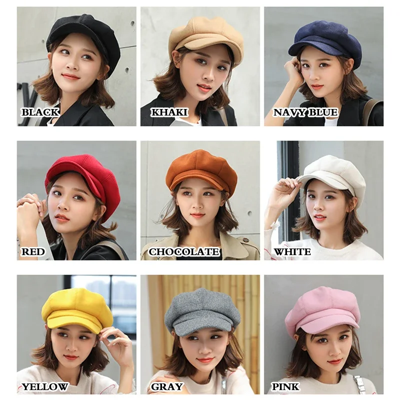 Solid Color Korean Style Woolen Octagonal Hat for Women Autumn Winter New Style Duckbill Beret Trendy British Painter Hat