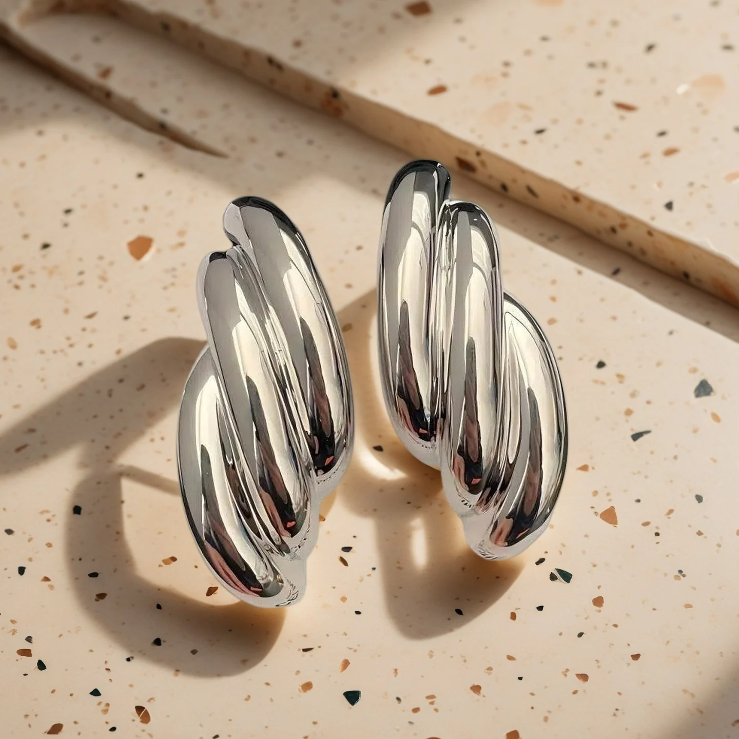 Yuri Ailey Trendy Triple Layer C-Shape Silver Hoop Earrings for Women Texture Huggie Studs Hypoallergenic Jewelry Party Gift