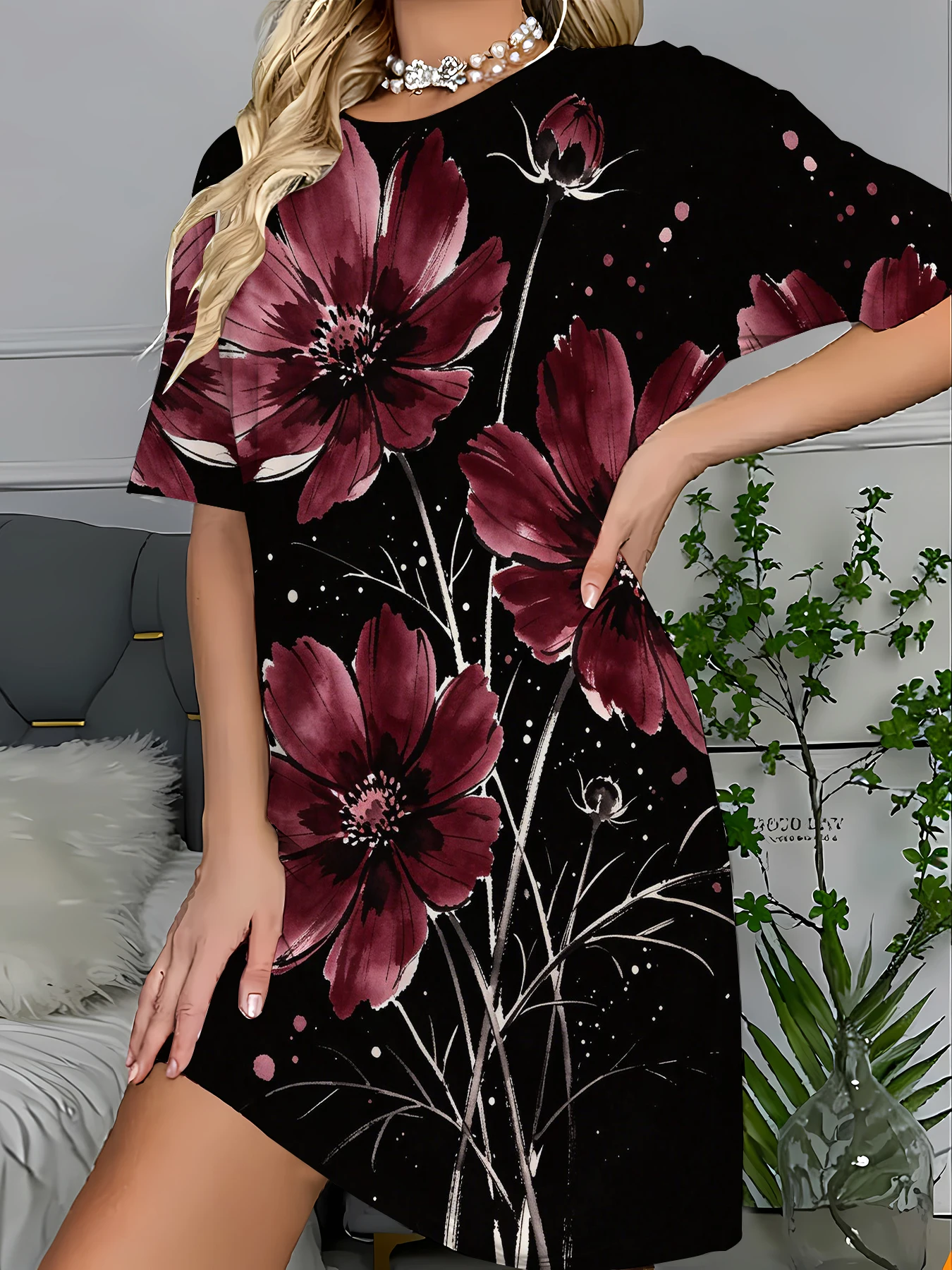 

Oversized Sleep T-Shirt Dress Women All-Over Print Knit Homewear Nightgown