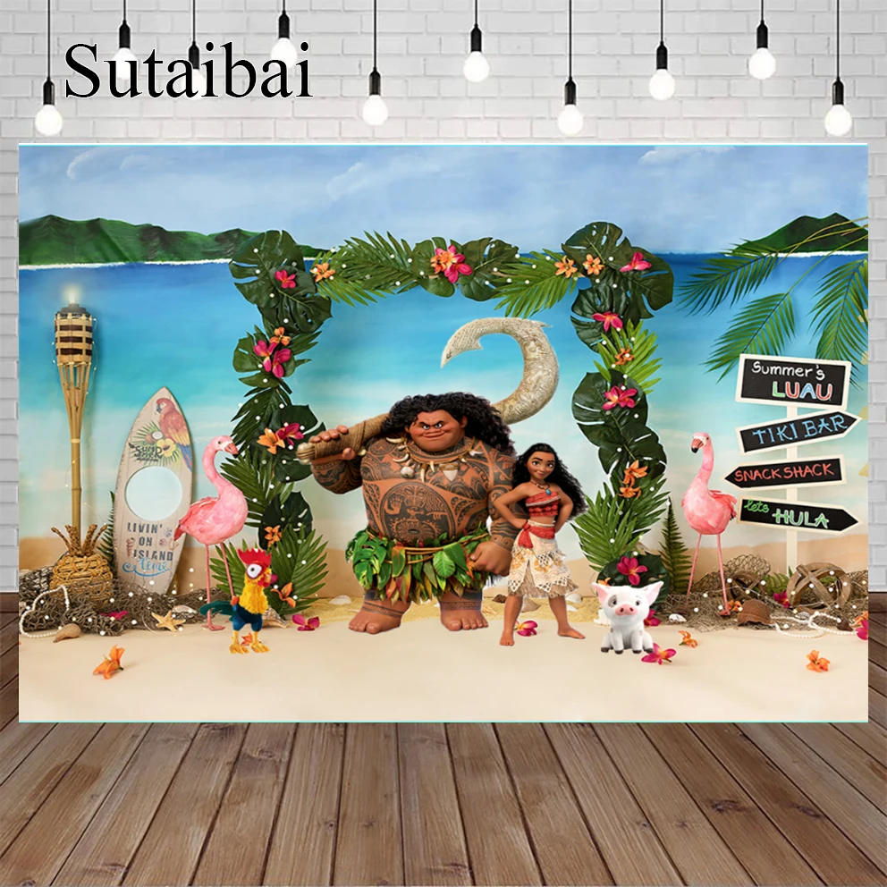 Girls Moana Photo Backdrop Kids Baby Shower Luau Happy 1st Birthday Party Photograph Background Banner Vaiana Decoration