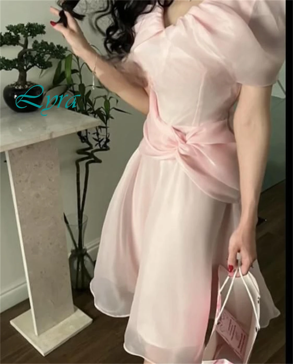 Customized Pink Tea Length V-Neck Organza Evening Dress  Exquisite Prom Dress  Graceful Temperament  Special Occasion Gowns