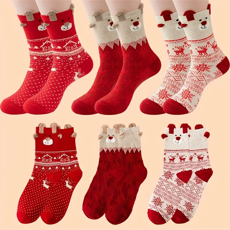 3/6 Pairs Autumn And Winter Men'S And Women'S Same Style Red Snowflake Elk Fluffy Ears Soft And Comfortable Versatile Socks