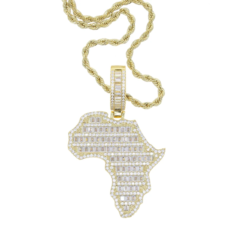 New Arrive Rectangle Cubic Zirconia CZ Paved Bling Africa Map Shaped Pendant Necklace Hip Hop Men Boy Cool Meaning Jewelry
