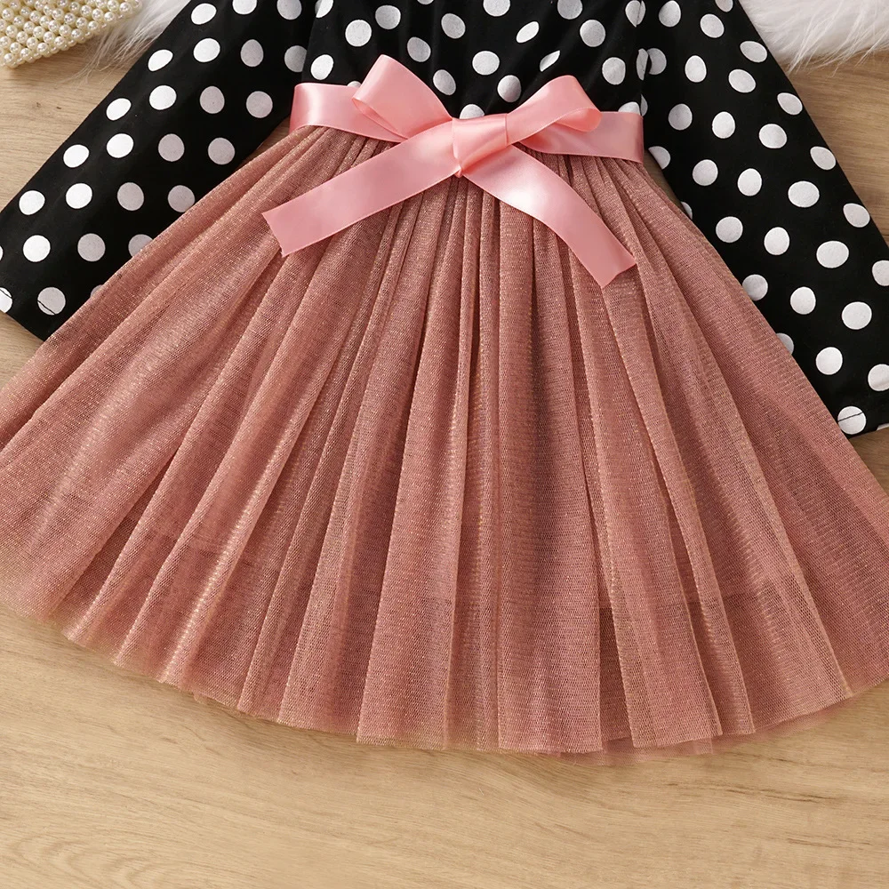 3-8 Years Kids Girls Dress Long Sleeve Polka Dots Mesh Patchwork Dress for Girls Birthday Party Evening Dress Autumn Clothes