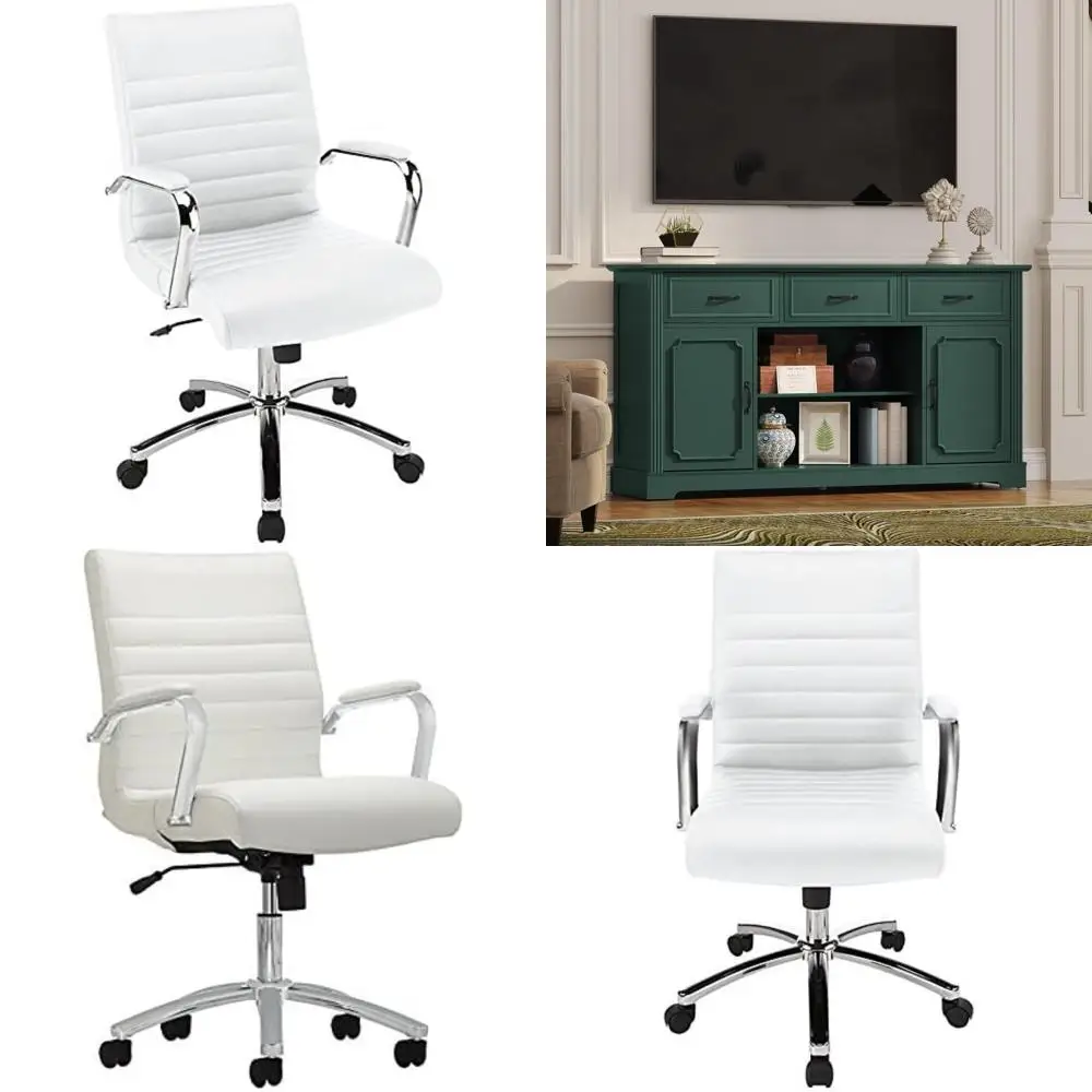 Leather Mid-Back Chair with Steel Frame - White, 9/16 Height x 23-13/16 Width x 26-3/8 Depth, Ergonomic Office Chair for Comfort