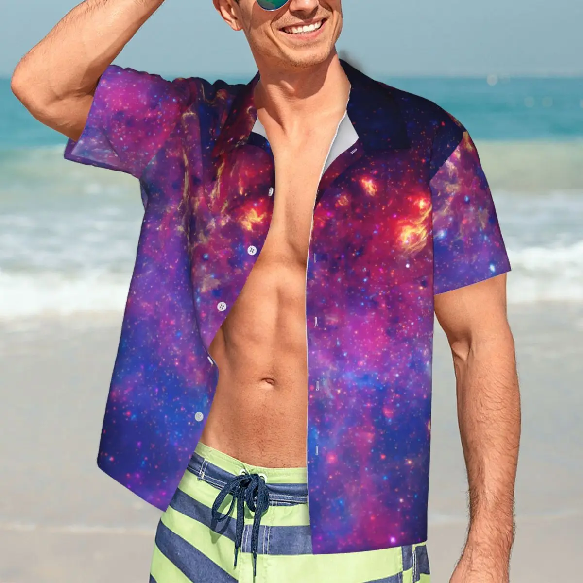 

Galaxy Print Vacation Shirt Man Colorful Milky Way Casual Shirts Hawaiian Short Sleeve Printed Vintage Oversized Blouses Gift