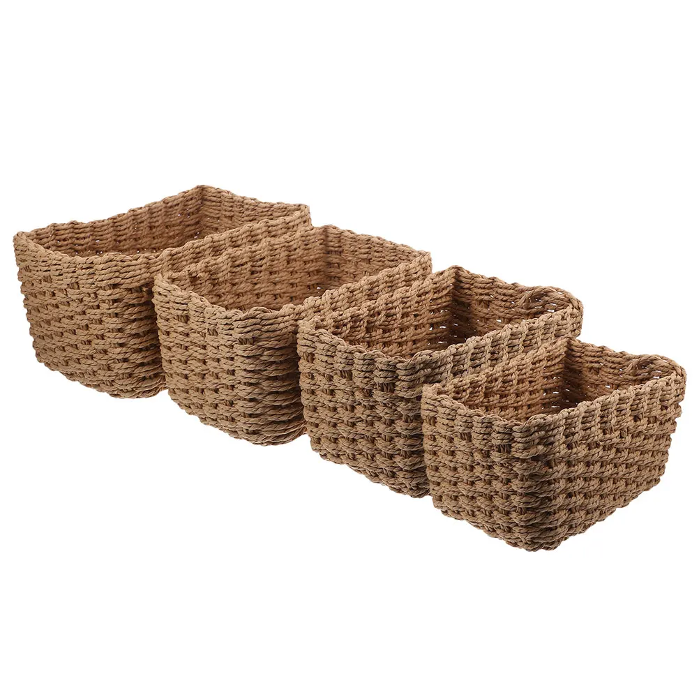 

4pcs Straw Storage Baskets Natural Woven Organizer Desk Bathroom Shelf Kitchen Mini Hamper Basket Handmade Container