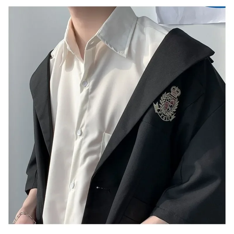 Summer Fashion Black Short Sleeved DK Suit for Men Korean Style Loose Student JK Class Uniform Casual Jacket Plus Size S-3XL