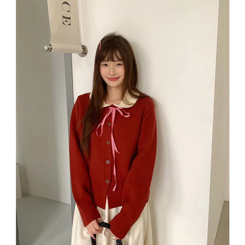 

Kawaii Bow Knitted Cardigan Women Cutecore Patchwork Red Sweater Outerwears Korean Peter Pan Collar Knitwears Winter Jumpers New