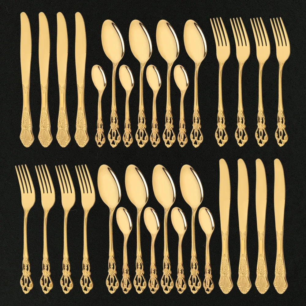 32Pcs Stainless Steel Royal Flatware Cutlery Set Luxury Gold Dinnerware Western Food Tableware Knives Coffee Spoons Forks Gift