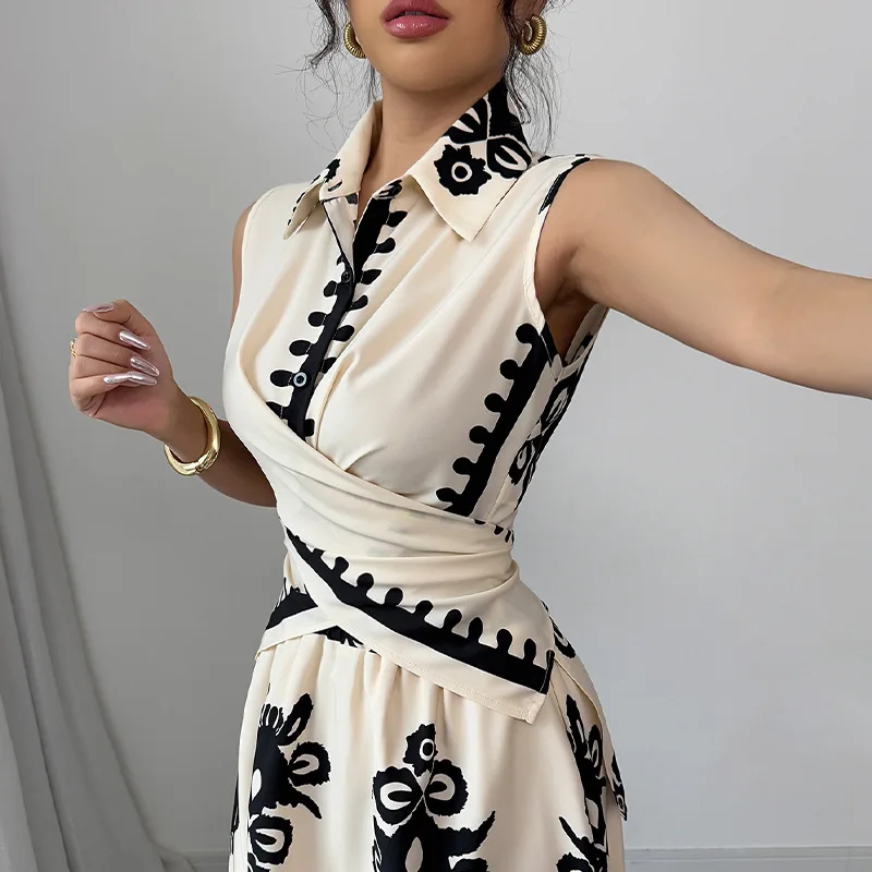 レディース 2025年新作 バケーションスタイル ノースリーブシャツ＆サッシュミディスカート ツーピースドレスセット