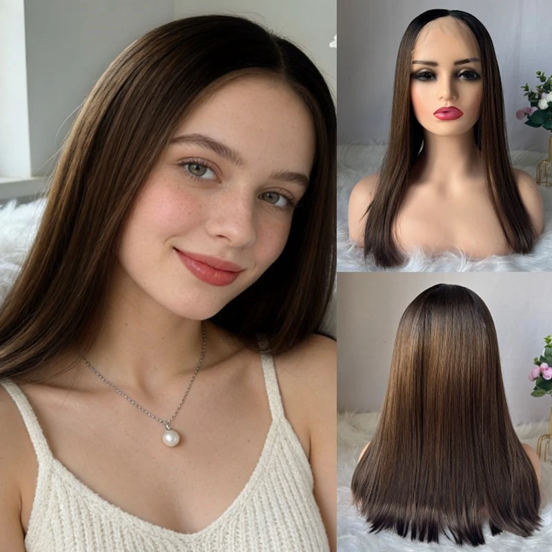 Women's Wig 13x4 Middle Part Ombre Brown Highlights Synthetic HD Lace Front Wig Soft Short Straight Bob Wig Preplucked Hairline