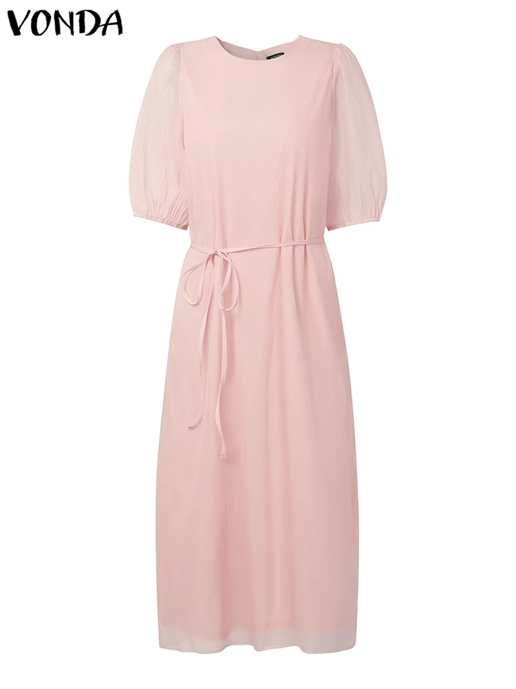 Vonda verão elegante camisa longa vestidos femininos manga puff sólido maxi vestidos 2025 moda casual com cinto bandagem festa robe