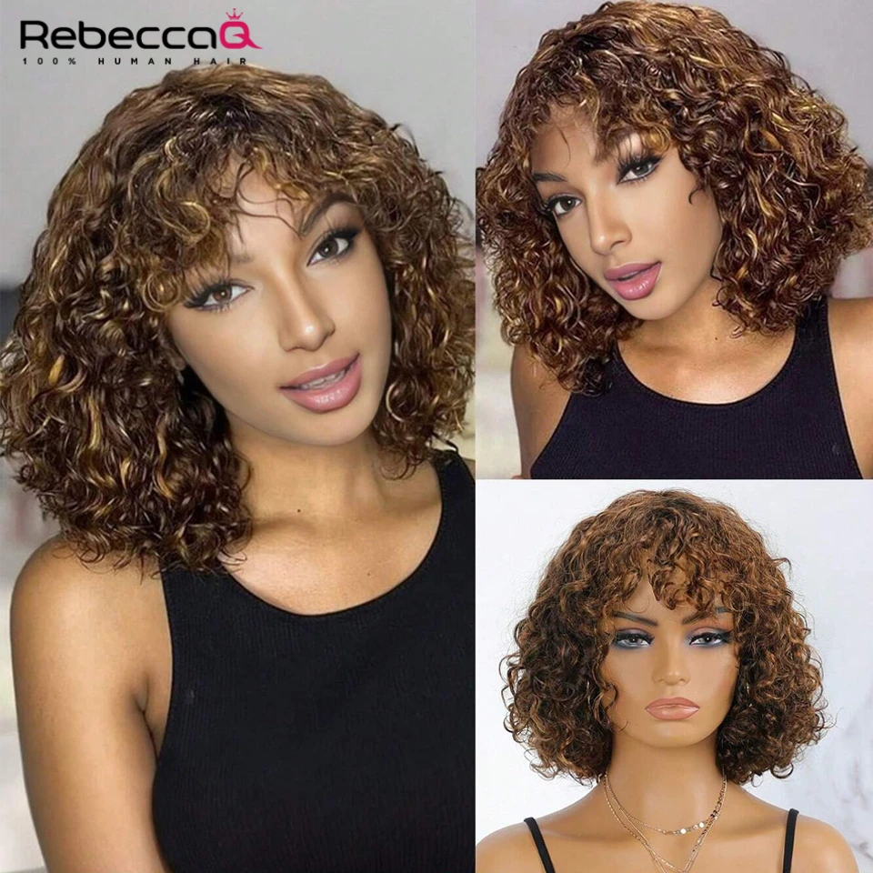 

Highlight Color Short Curly Bob Human Hair Wigs With Bangs Full Machine Made Wigs qvr Glueless Queen Virgin Remy Wigs For Women