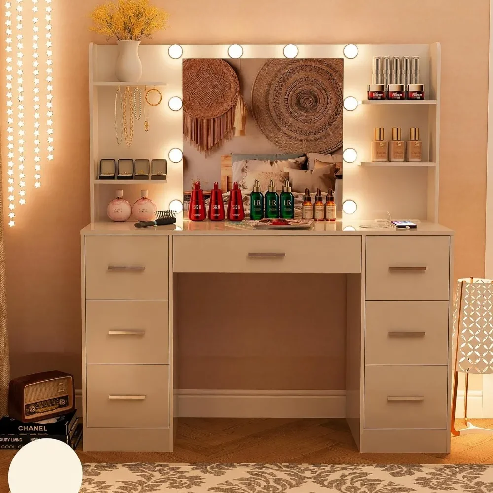 

vanity-LED lights mirror power outlet, makeup , 7 drawers, 4 shelves and 5 hooks-dressers for bedroom.Makeup vanity cabinet