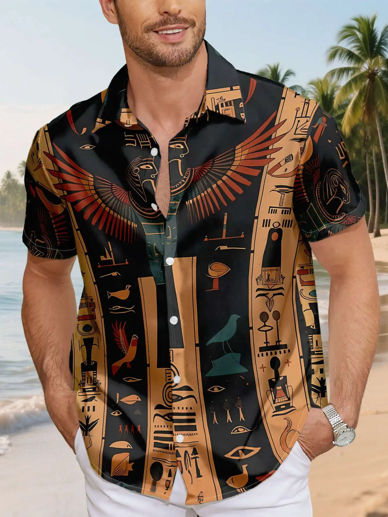 Men Short Sleeve Button Down Shirt Ancient Egyptian Hieroglyph Bird Totem Print Polyester Casual Holiday Blouse