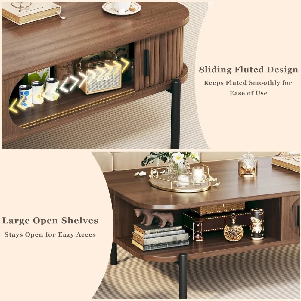 Coffee Table, 47.2 Mid Century Modern Coffee Tables for Living Room, Coffee Table with Storage Open Shelf, Fluted Table