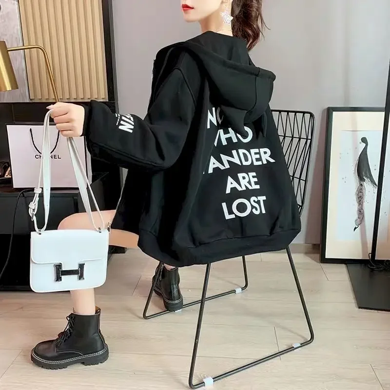 

Women 2021 Lazy Style Zipper Harajuku Long Sleeve Coats Hoodies All-match Plus Velvet Letter Jackets Loose Autumn Winter Outwear