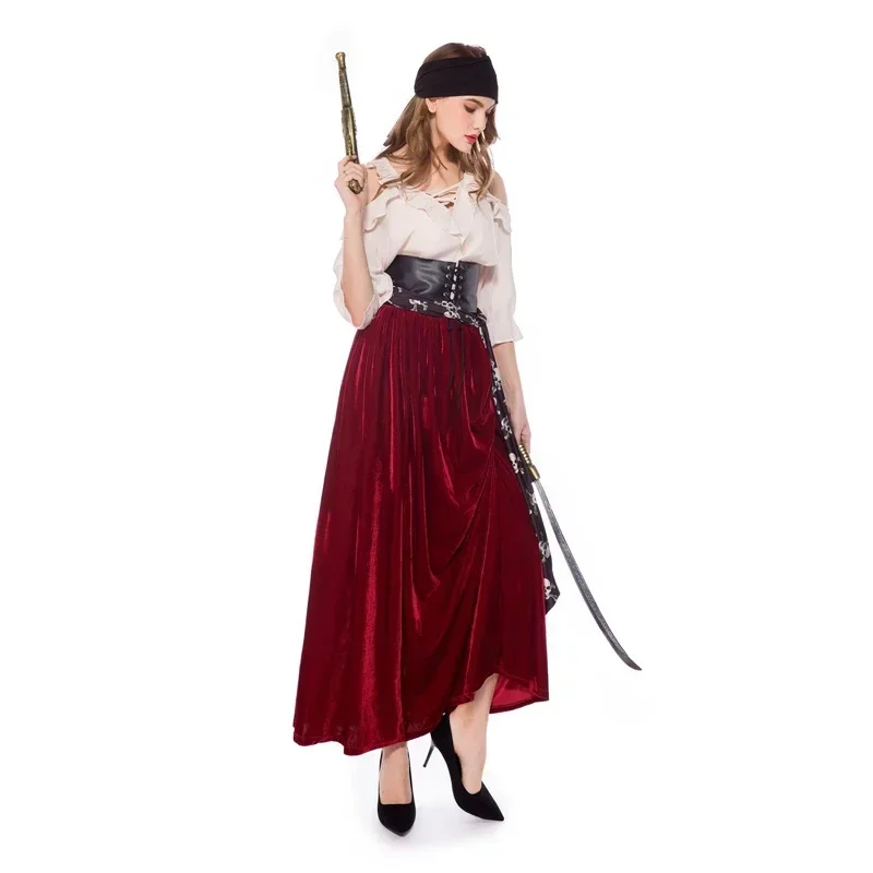 Women Caribbean Pirates Captain Costume Halloween Cosplay Suit Medoeval Gothic Fancy Woman Dress Anime Cosplay