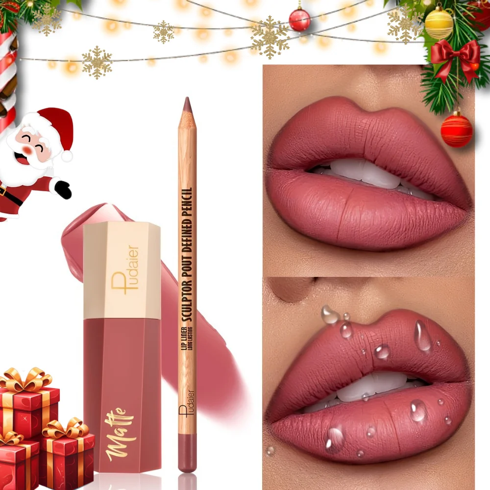 مجموعة الشفاه الخالية من العيوب: قلم تحديد الشفاه غير اللامع وملمع الشفاه، تركيبة حريرية ناعمة ومقاومة للتلطخ وغير قابلة للتجفيف لشفاه أكملها.