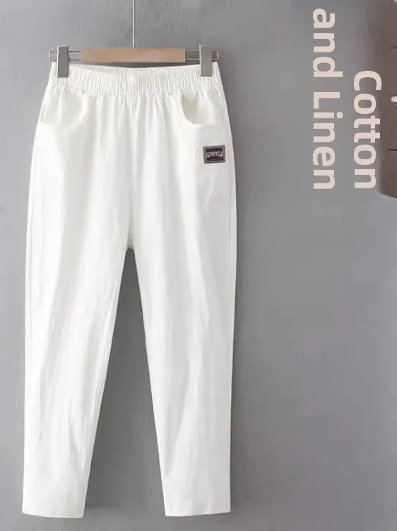 فضفاض القطن الكتان السراويل النسائية الحريم السراويل أمي فضفاضة التخسيس الصيف رقيقة تسع نقاط مستقيم الساق السراويل #4