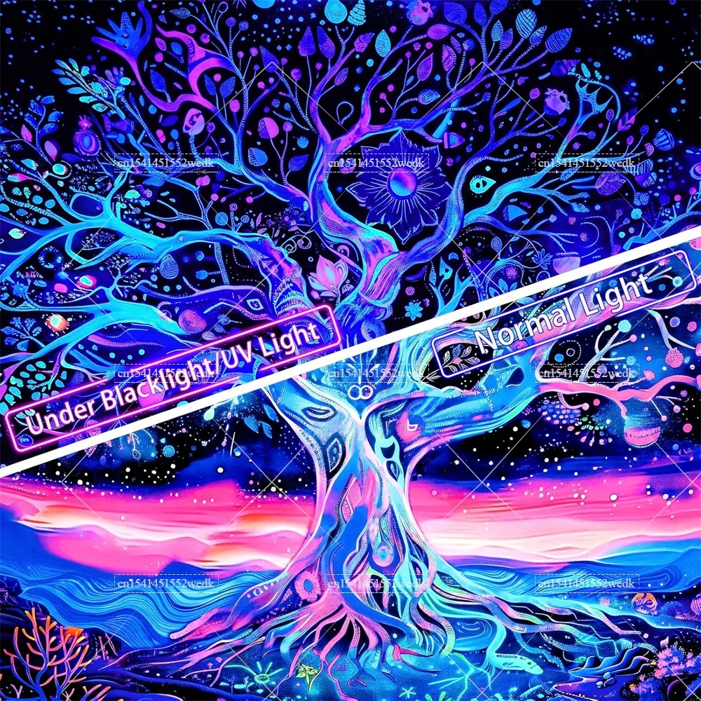 Blacklight Tree Life Tapestry UV Reactive Neon Star Tapestries Black Light Tapestry Aesthetic Room Decor Bedroom Wallpapers