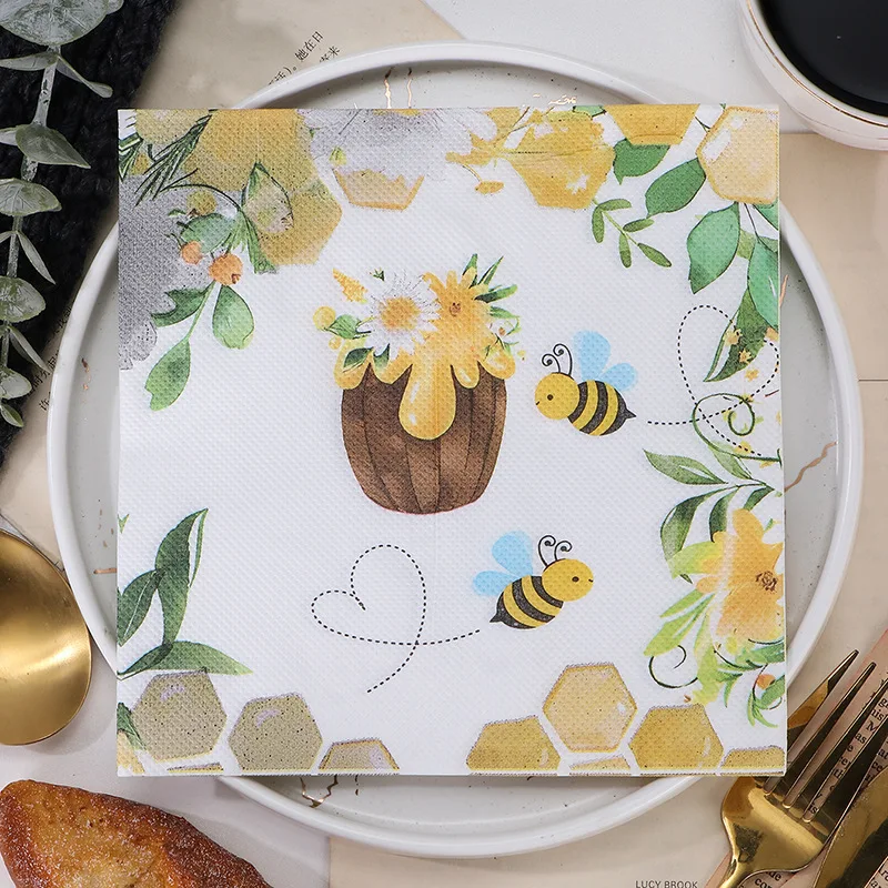20 pièces par paquet de serviettes imprimées Spring Fresh Little Bee, pour restaurant, hôtel, mariage, fête, festival, serviettes colorées