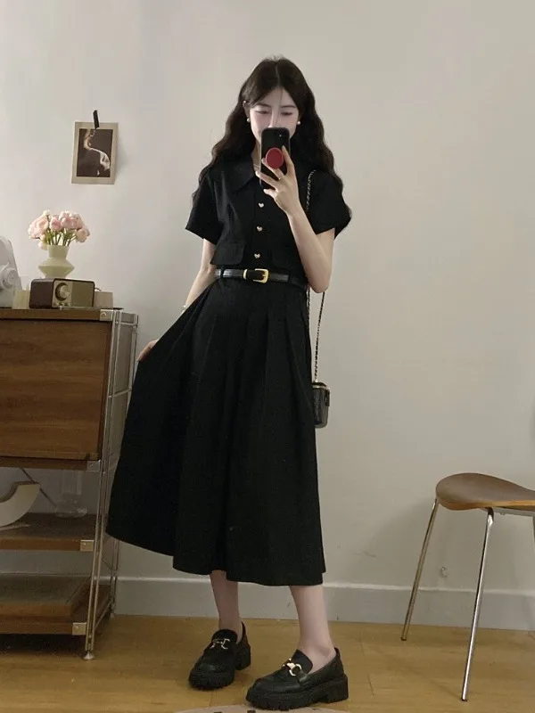 

plus Size Fashionable Short Sleeve Long Dress Women's High Waist A-Line Skirt Conceals Belly Summer Commute Slimming Outfit