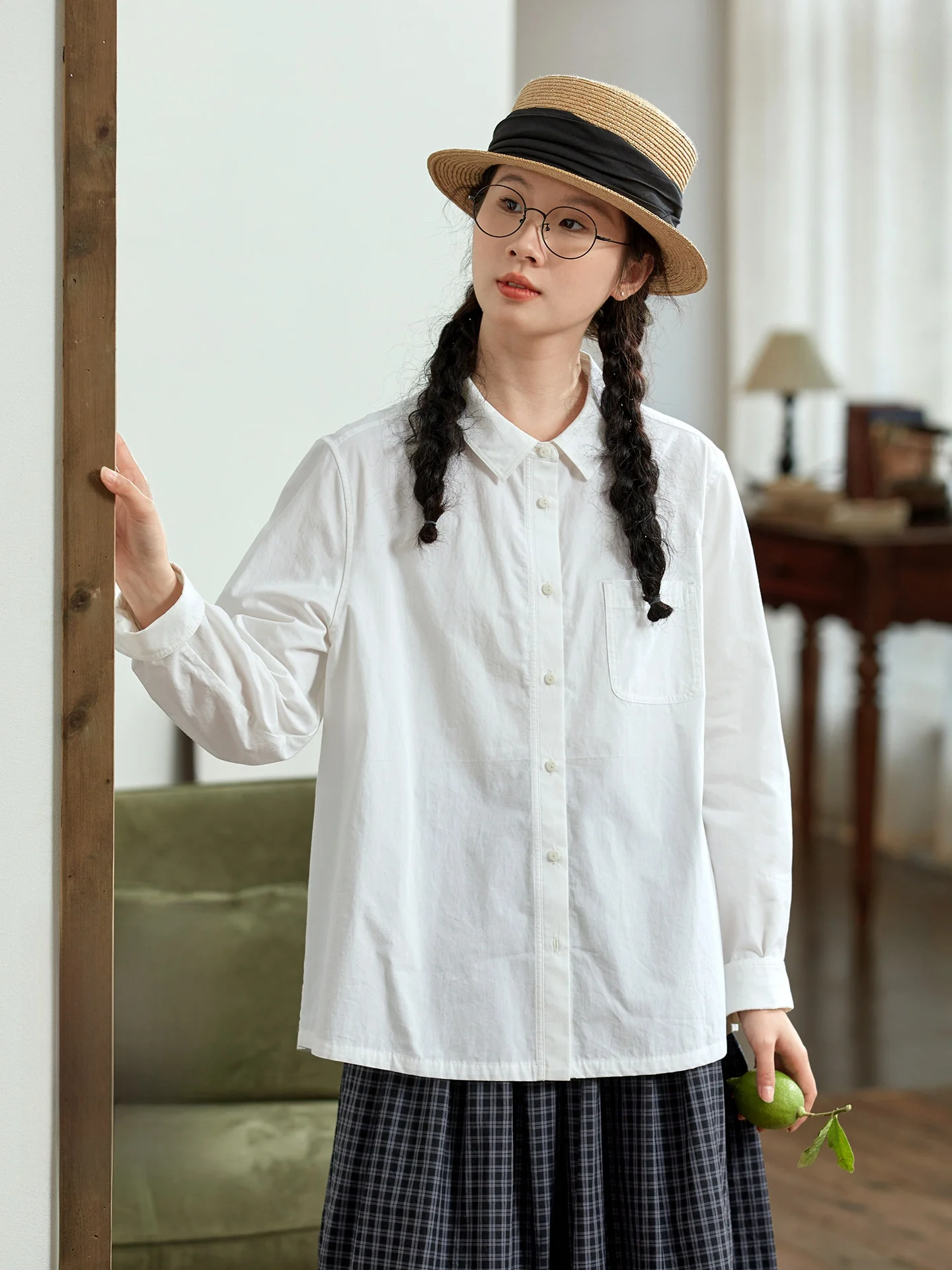 

Original Pure Cotton White irt Women's Loose Long Sve Turn-down Collar Spring Casual Versatile Top Breathable Comfortable