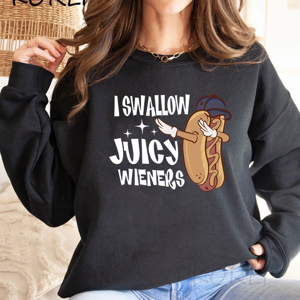 เสื้อสเวตเชิ้ต I Swallow Juicy Wieners ลายตลกๆ แปลกๆ เสื้อยืดมีมตลกๆ สำหรับผู้ชายและผู้หญิง เสื้อคอกลมแบบสวมหัว เสื้อฮู้ดดี้อารมณ์ขัน