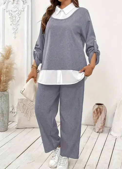 

Women's casual color blocked fake two-piece set long sleeved shirt top and pants two-piece set 2025 autumn/winter new item