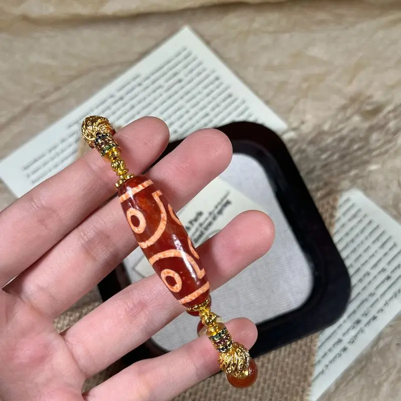 Tibetan-Style Seven-Eyed Dzi , Red-Colored, With A Single Thread Of Beads And Copper Accents, Bracelet, Buddhist Prayer Bea