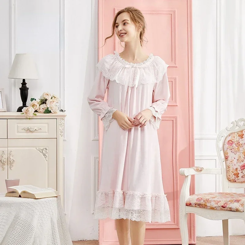 Sweet Ruffles Flannel Night Dress Women Winter Velvet Long Robe Peignoir Romantic Vintage Victorian Nightgown Princess Sleepwear