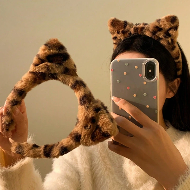 1/2 قطعة أغطية الرأس فو الفراء ليوبارد طباعة إكسسوارات الشعر الشعر هوب غسل الوجه أفخم العصابات الشعر آذان القط Headbands ملابس الحفلات