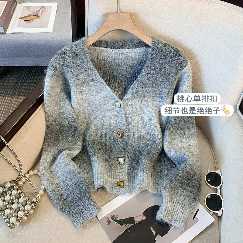 Autumn Winter New V Neck Short Cardigan Female Gradient Sweater Coat Single Breasted Office Ladies Elegant Women Knitted Jacket