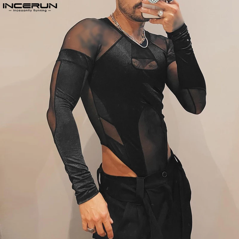 Incerun 2024 Herren Bodys Mesh Patchwork O-Ausschnitt Langarm männliche Stram pler Fitness transparente Mode sexy Bodysuit Männer S-3XL