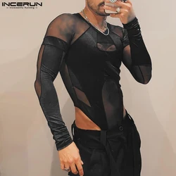 INCERUN 2024 erkek Bodysuits Mesh Patchwork o-boyun uzun kollu erkek tulum spor şeffaf moda seksi Bodysuit erkekler S-3XL