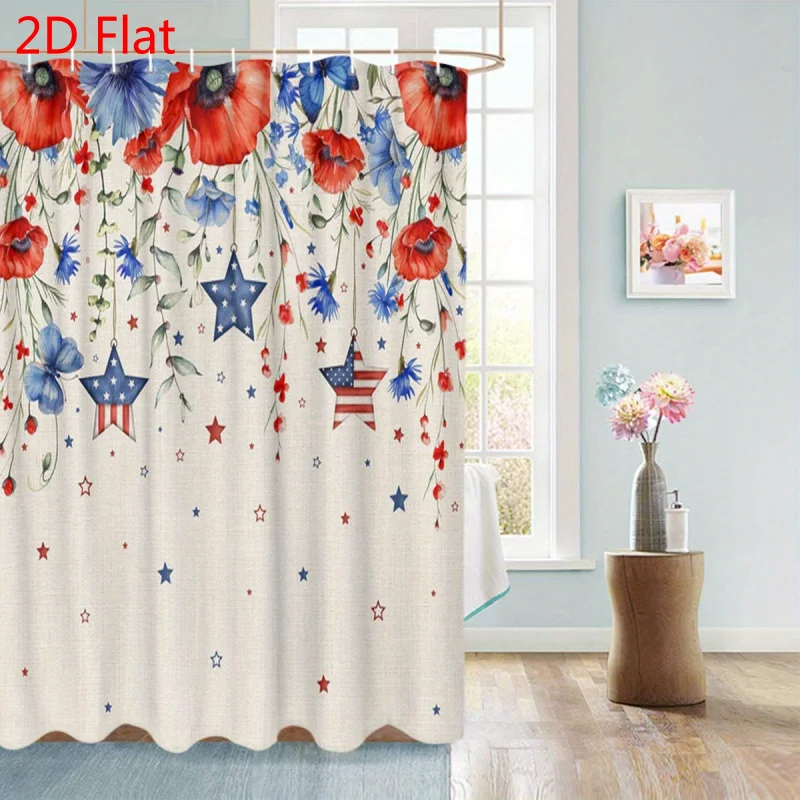 Patriotic Floral Red Blue Flowers Stars American Independence Day Bathroom Shower Curtain Polyester Machine Washable 71 Inch