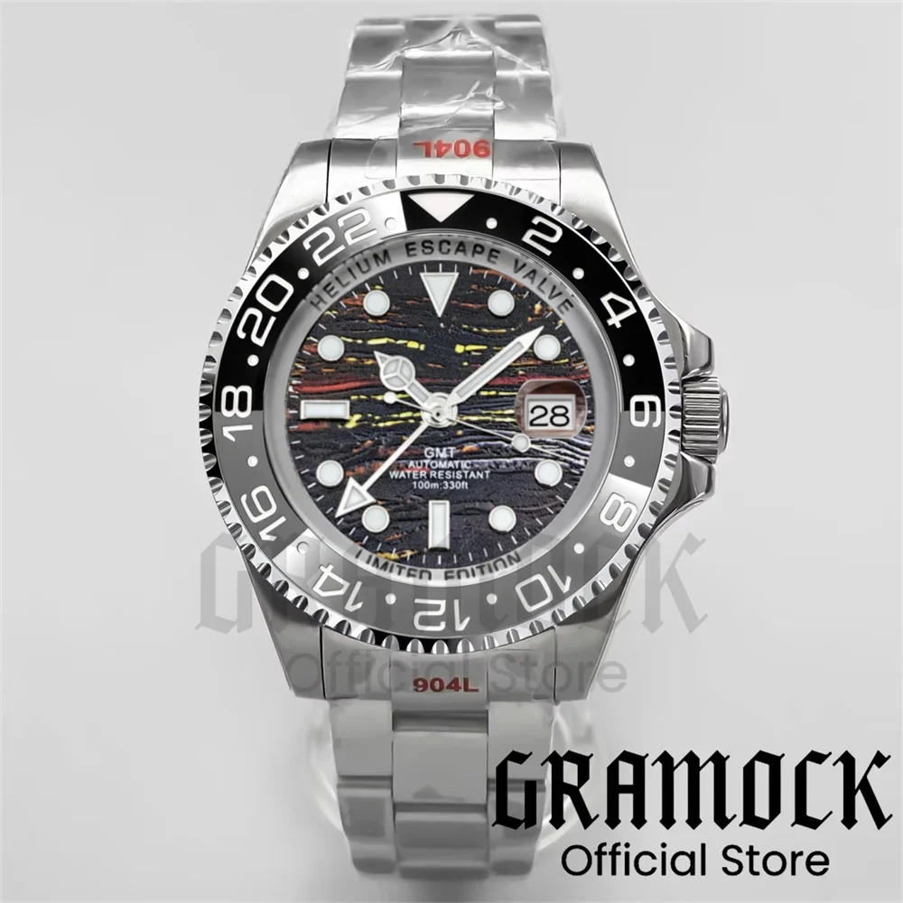 Gramock 43mm Silver GMT Luxury Tiger Eye Texture Men's NH34 Mechanical Watch Black Grey Ceramic Bezel Sapphire Glass 100m Diving