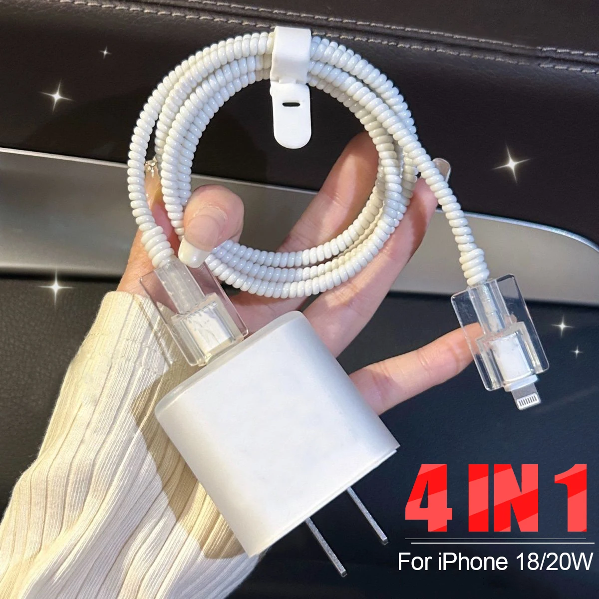 Kit de cubierta de protectores transparentes para Apple IPhone, cargadores de Cable de datos, bobinador de Cable a prueba de roturas, juego de funda