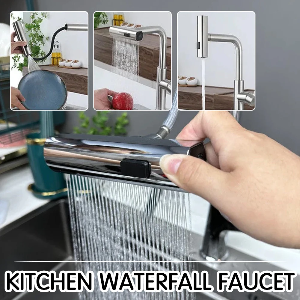 Waterfall Faucet 360° Swivel 3 Modes Kitchen Faucet 22mm Thread Anti-Splash Rotary Conversions Bubbler Booster Extension