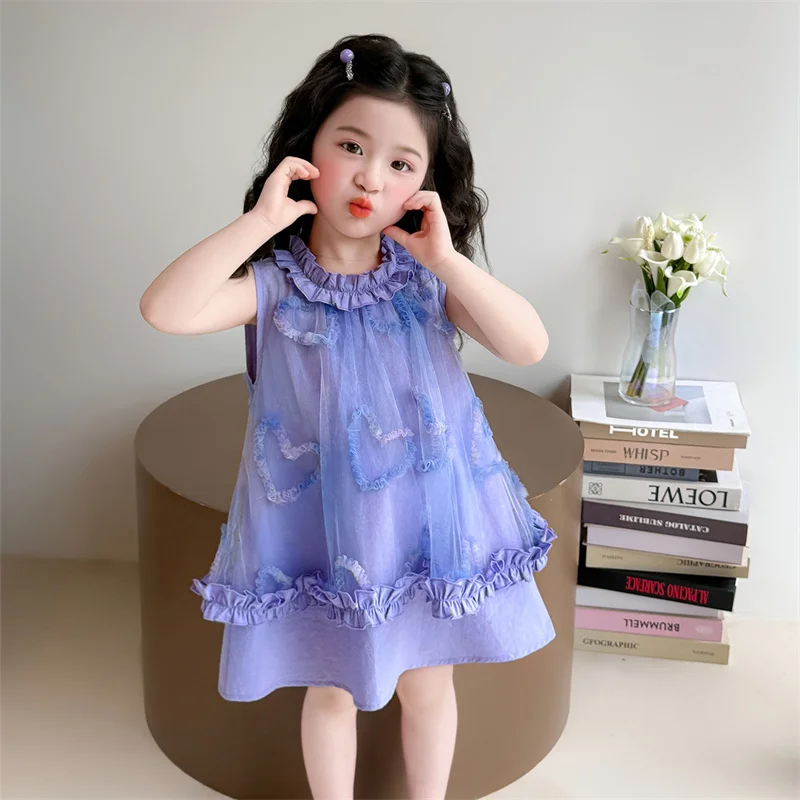 Girls Summer Ruffle Neckline Mesh Sundress  Fashion Purple Heart Pattern Baby Sleeveless Vest Dress A Line Beach Holiday Wear