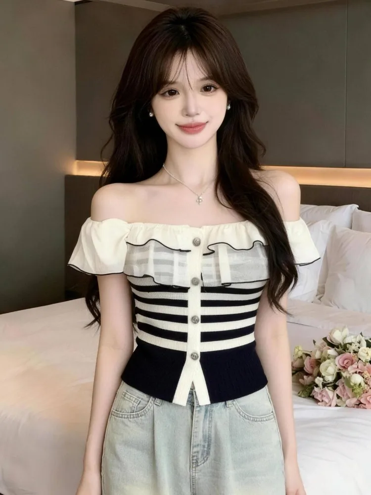 

Summer New Style Korean Version Slim Fit Stripe Knit Top One Shoulder Ruffle Fashionable Trendy Girl Short Sleeve T-Shirt