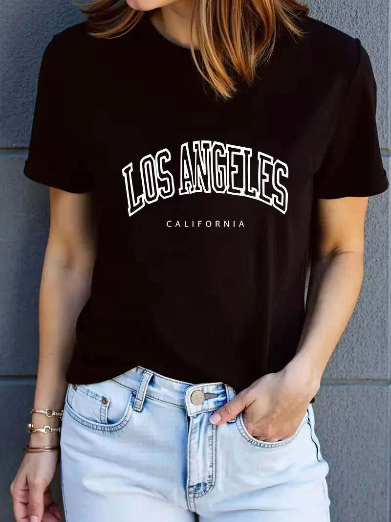 Fashion Women's Casual Short Sleeved Crew Neck T-shirt Los Angeles California Letter Print Top Tee Graphic Shirt Woman