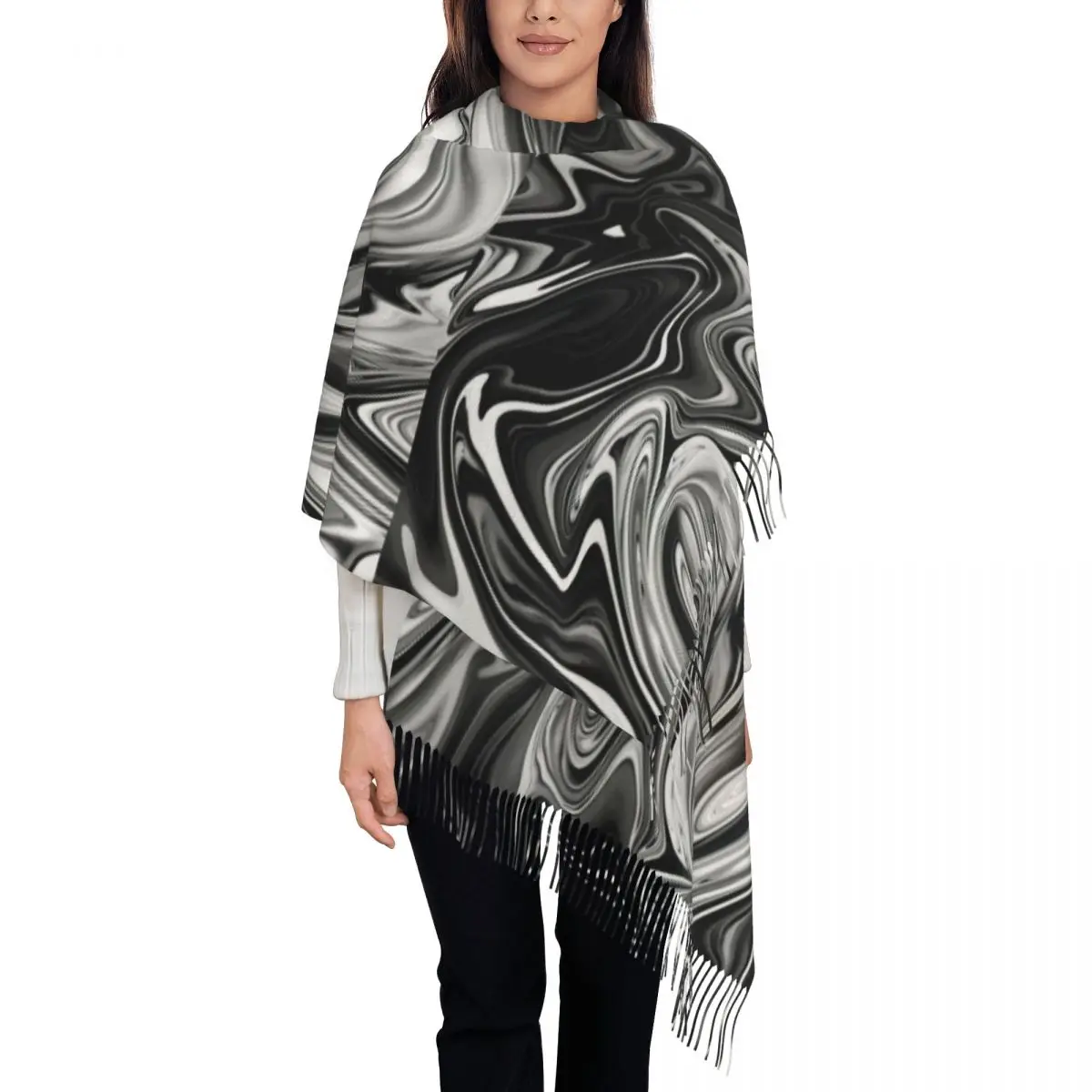 Liquid Black And White Scarf Elegant Marble Soft Shawl Wraps with Long Tassel Lady y2k Cool Scarves Wraps Autumn Bufanda Mujer