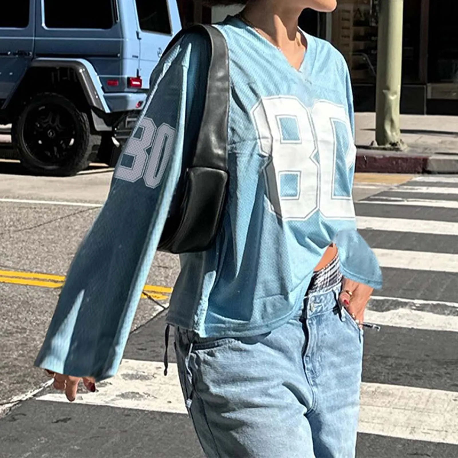 T-shirt stampata a 80 cifre in tessuto a rete Oversize blu Jersey stile sportivo per le donne t-shirt Casual allentate americane alla moda rosa Street