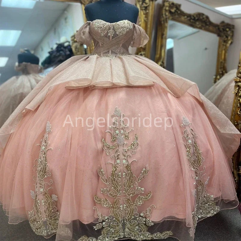 Angelsbridep-Vestido de baile com apliques dourados, vestidos Quinceanera com brilho rosa, festa noturna, miolinhas, 2022