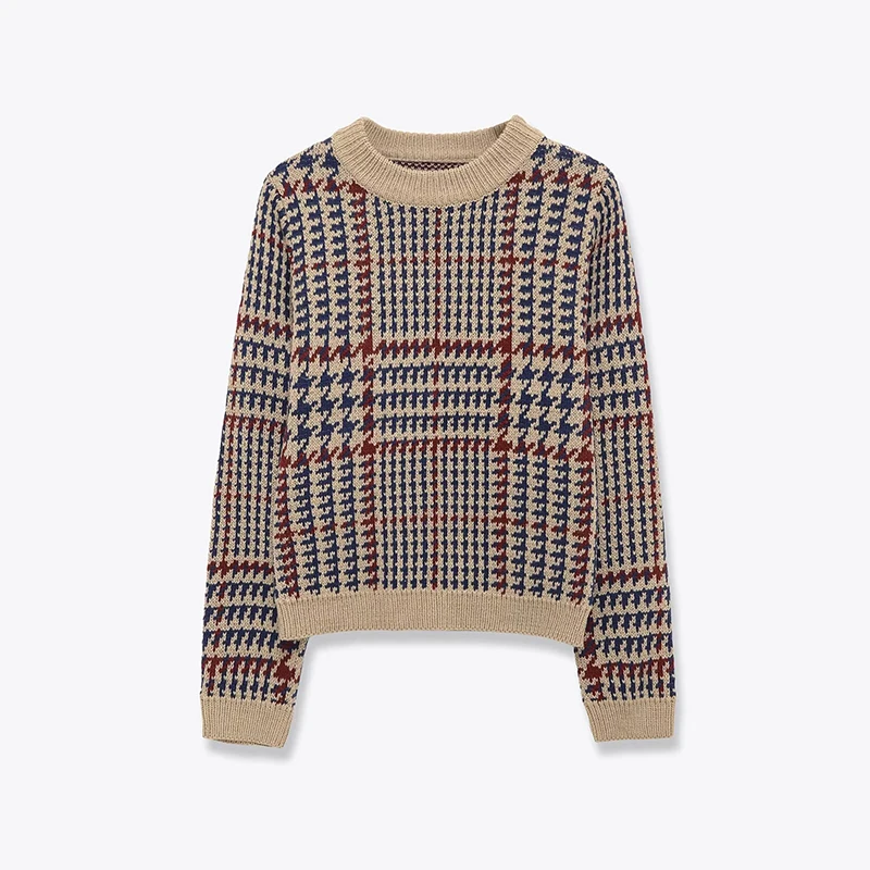 Spring Autumn Women Houndstooth Sweater Long Sleeve Round Neck Casual Vintage Pullovers Short