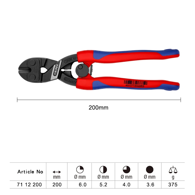 KNIPEX CoBolt Bolt Cutter 8 Inches Compact Labor-Saving Cable Cutting Pliers 62 HRC for Soft Hard and Piano Wire Etc 7112200